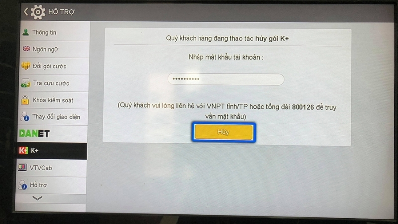Huỷ gói K+ trực tiếp trên ứng dụng MyTV