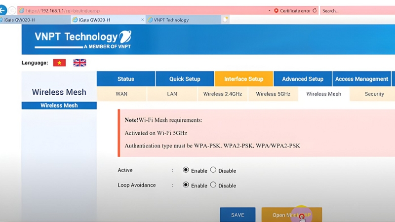 Tắt WiFi từ xa VNPT qua địa chỉ 192.168.1.1
