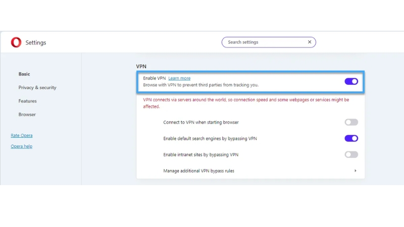 Mở chặn web bằng trình duyệt Opera tích hợp VPN
